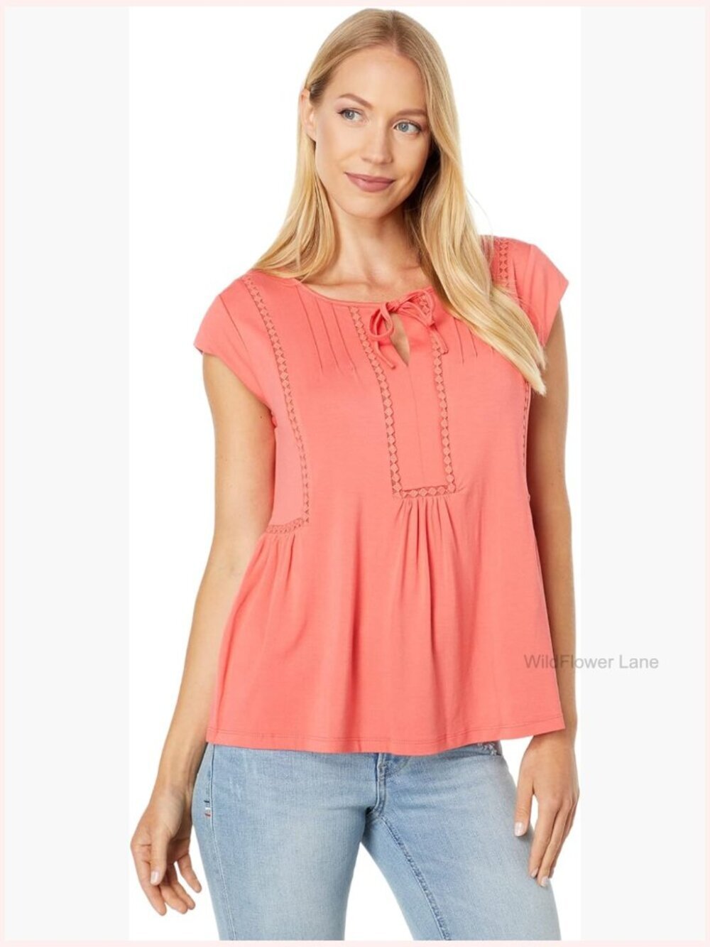 Cap Sleeve Pintuck Dressy Knit Top with Crew Neck